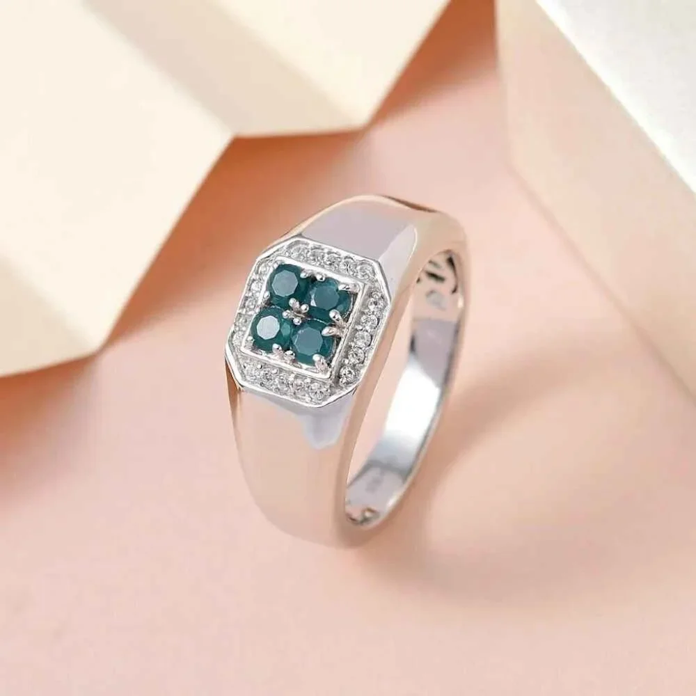 AAA Grandidierite and White Zircon Men's Ring in Platinum Over Sterling Silver